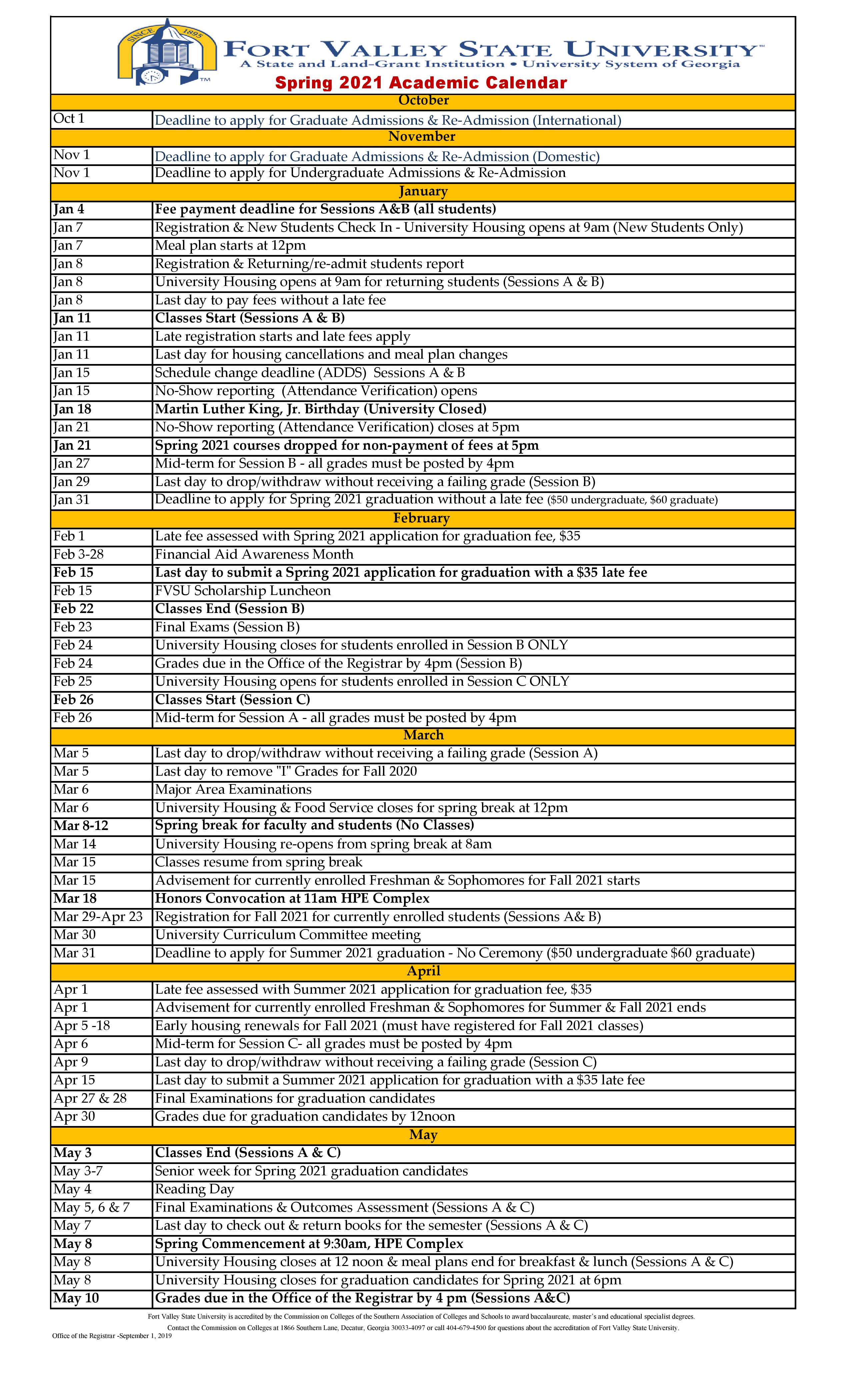 Academic Calendar Fort Valley State University Acalog Acms